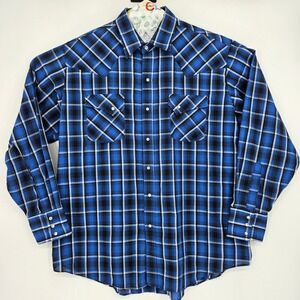 Ely Cattleman Shirt Mens XL‎ Western Pearl Snap Long Sleeve Blue Plaid Rodeo